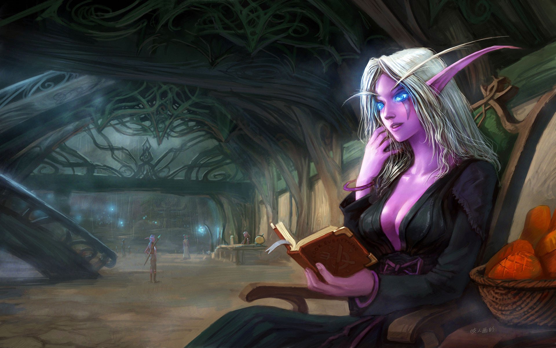 art yao ren world of warcraft wow nocny elf elf siedząc książka pokój kosz uszy