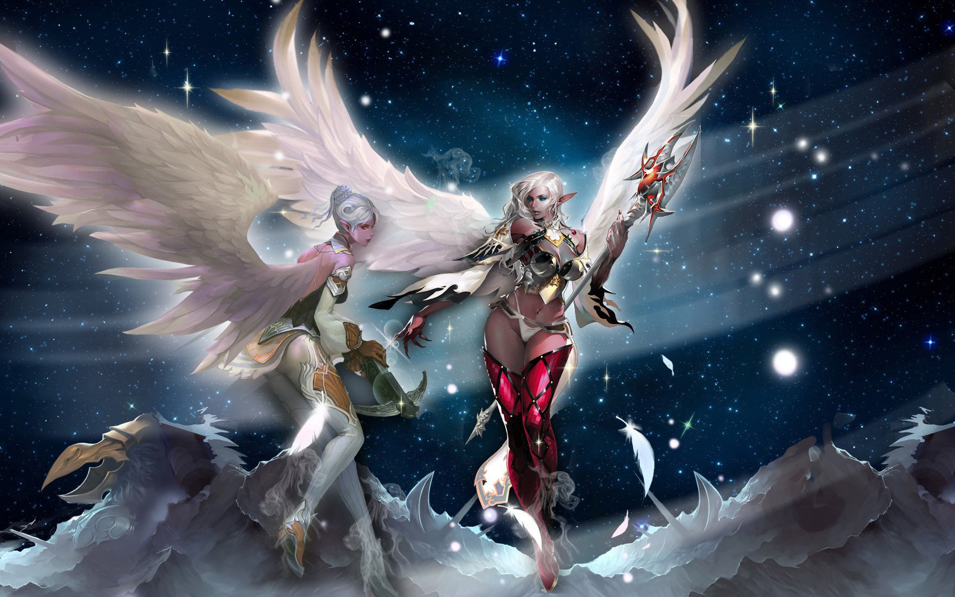 lineage 2 kamael chicas alas orejas bastón ballesta montañas estrellas picos plumas