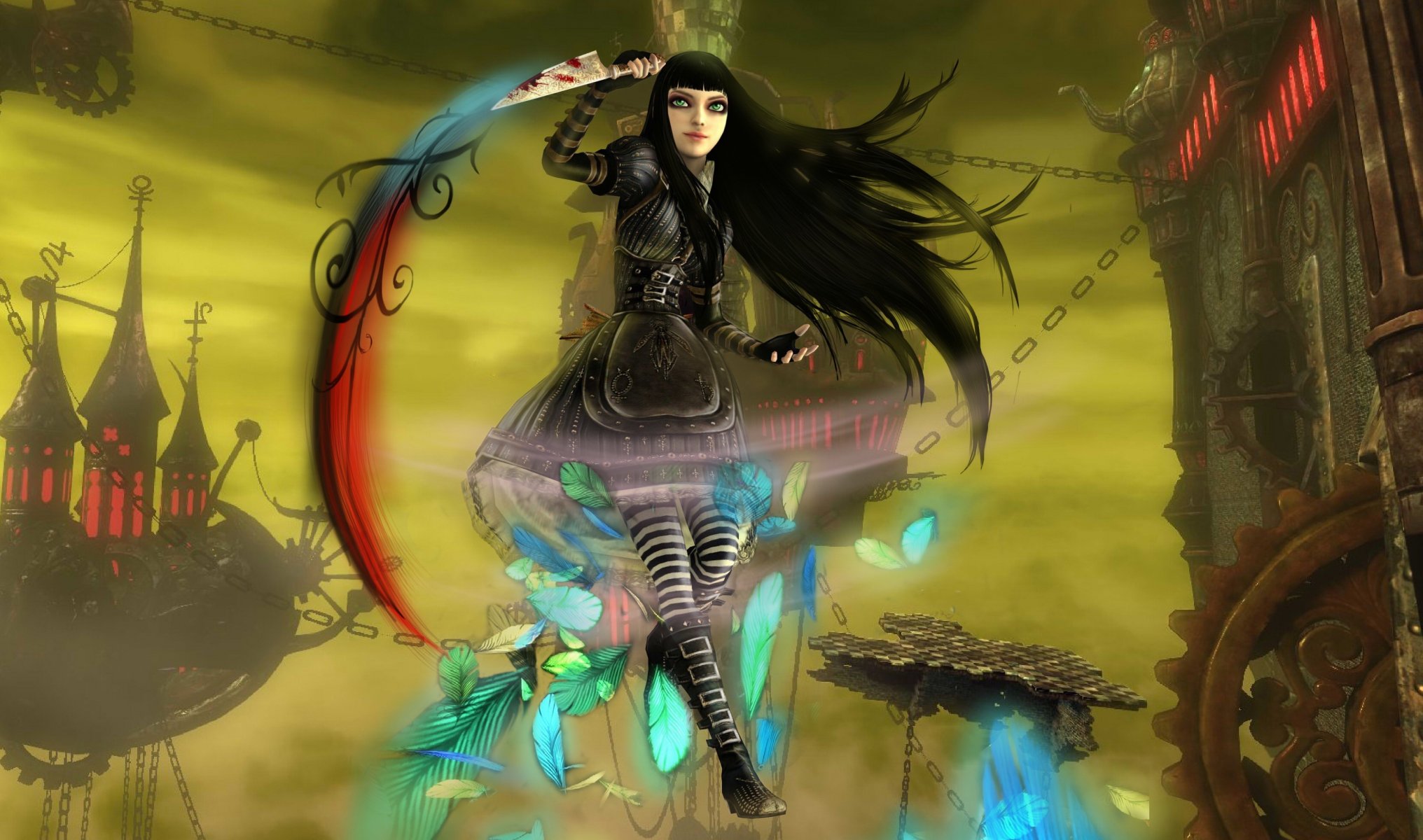 art phoenix-zhuzh alice madness returns alice zamek broń łańcuchy pióra nóż krew