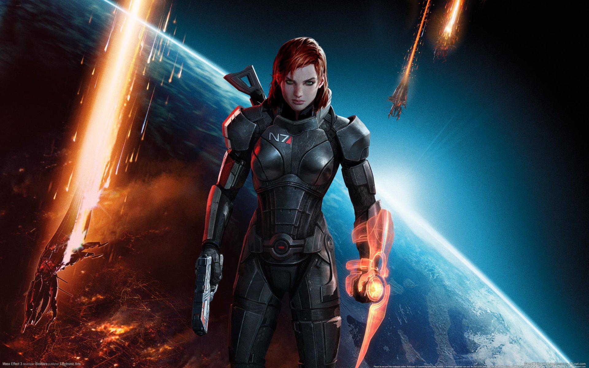 mass effect 3 jeux de fond d écran n 7 shepard yeux verts cheveux rouges fille armure armes terre espace yeux verts rousse espace navires explosions