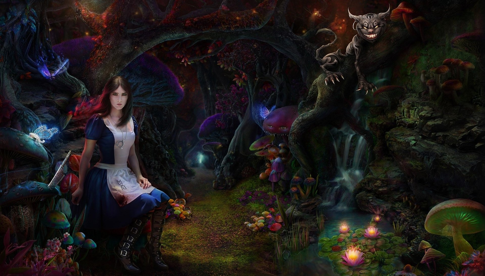 alice madness returns art fille chat cheshire forêt champignons fourré