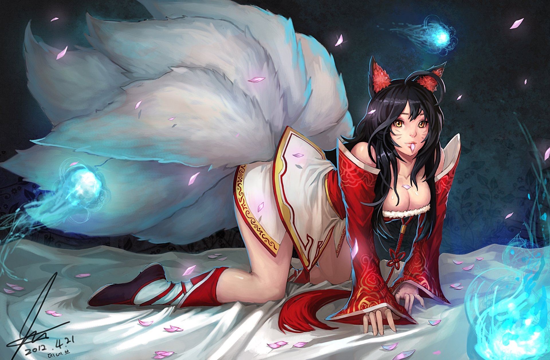 league of legends ahri girl animal ears petals shoes bang fox ears tail