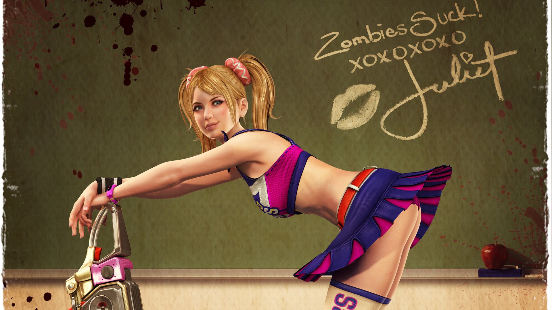 lollipop chainsaw chica motosierra tablero tiza animadora botín manzana sonrisa juliet starling