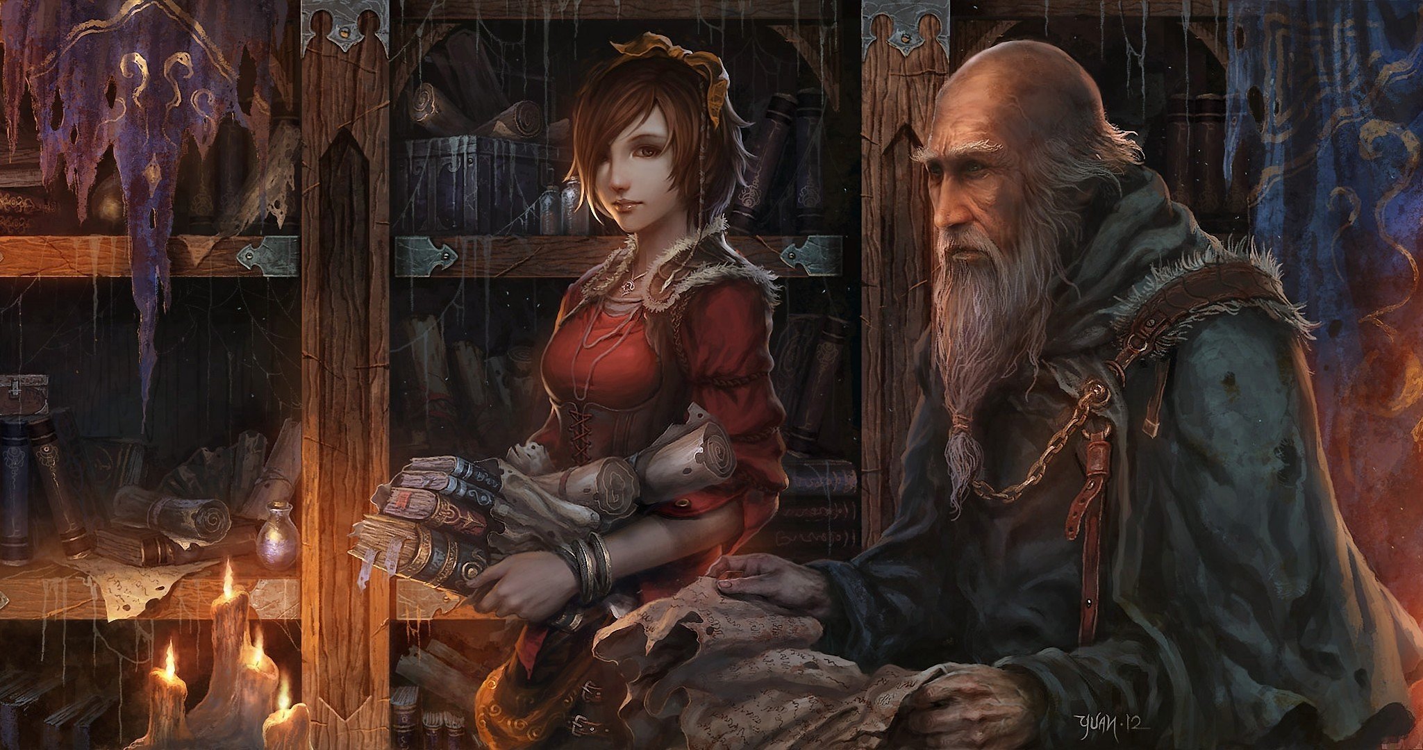 diablo 3 art chaoyuanxu deckard cain léa fille vieil homme bougies livres parchemins bibliothèque toile d araignée manuscrit placard