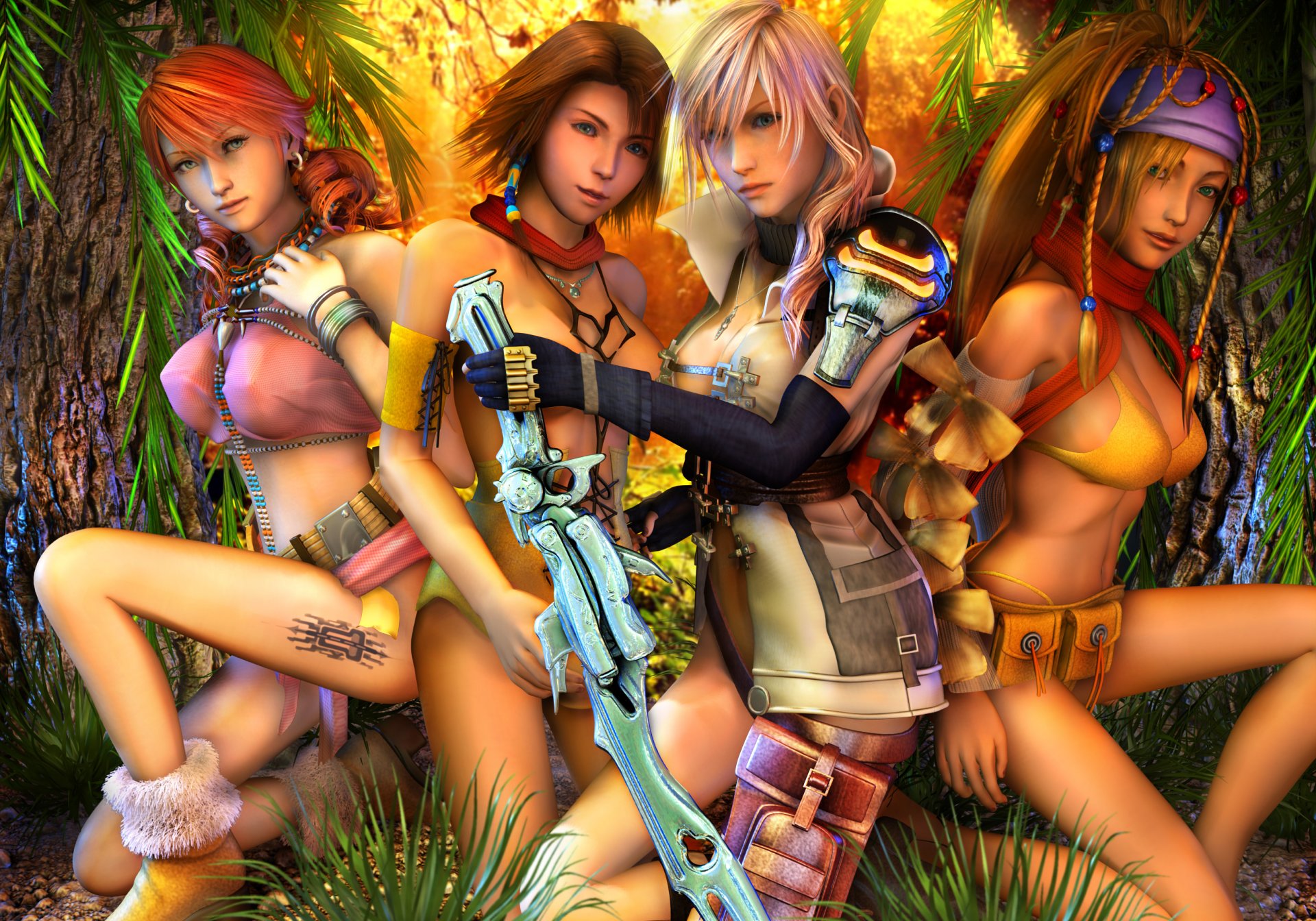 final fantasy xiii ragazze spada tatuaggio foresta