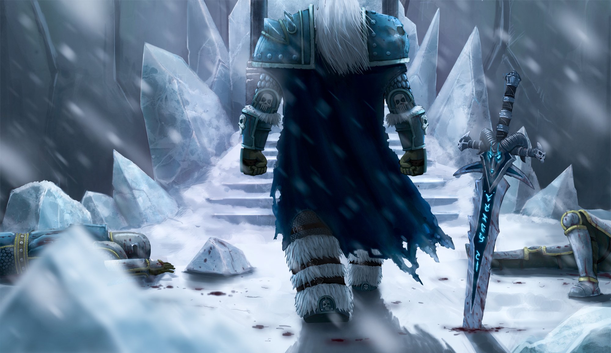 world of warcraft wow fanart roi-liche arthas hiver neige glace cadavres épée blizzard