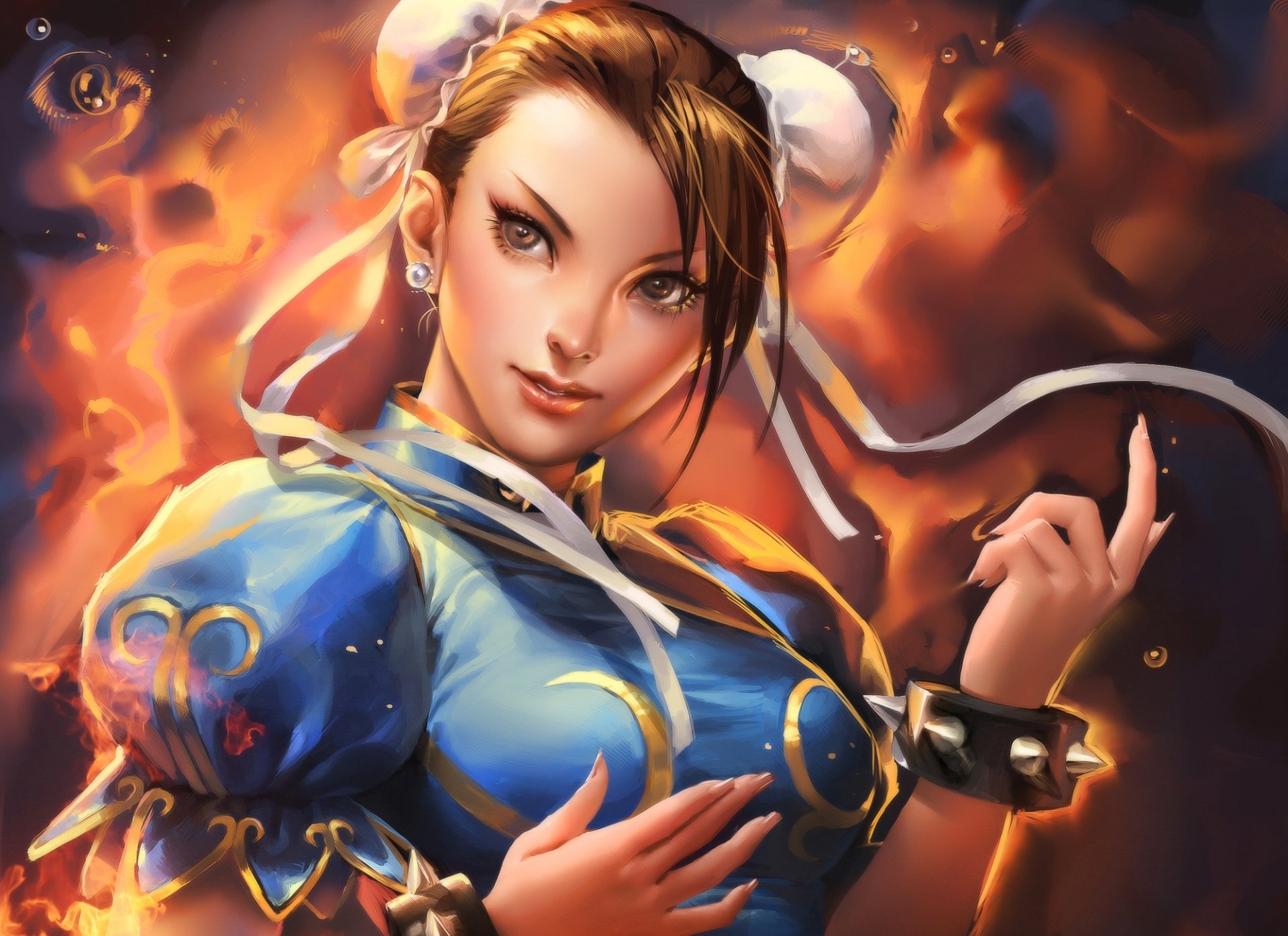 art sakimichan street fighter chun-li gra dziewczyna wstążki ogień bransoletka