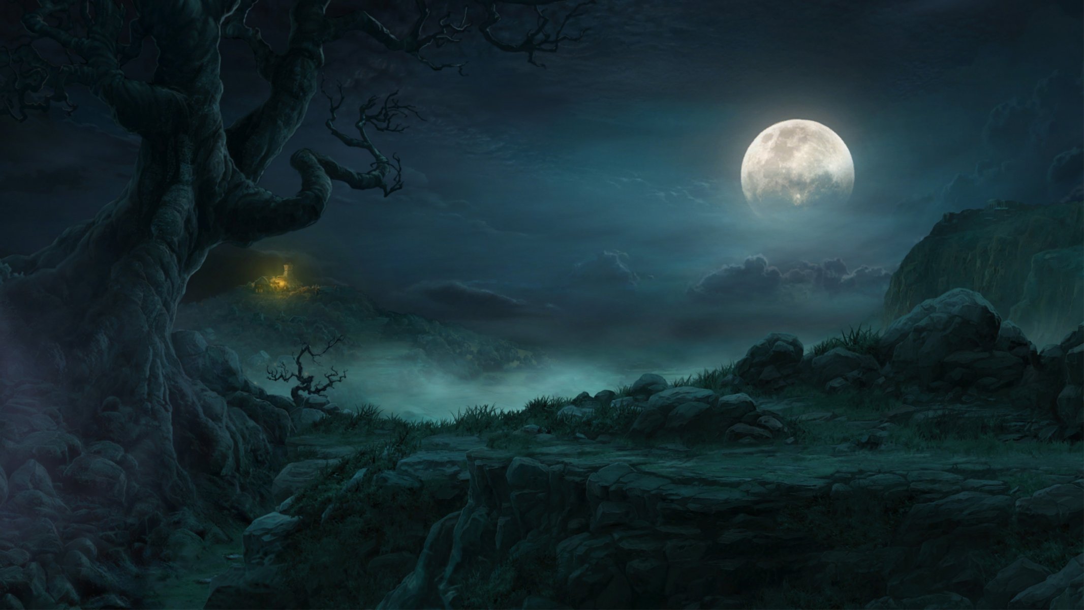 diablo 3 paesaggio notte luna rocce albero capanna nuvole