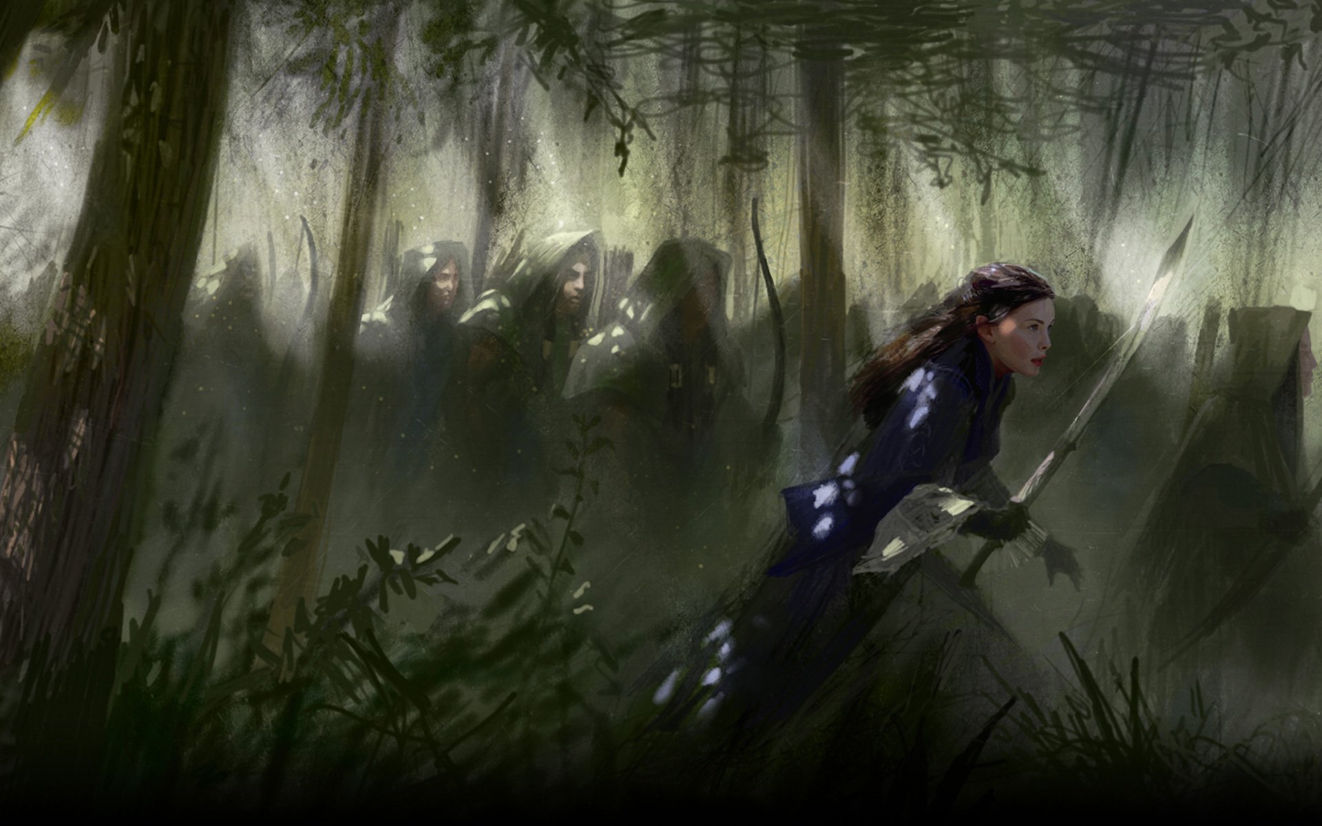 arte il signore degli anelli battaglia per la terra di mezzo ii foresta elfi arwen ragazza spada arcieri arco mantello cappuccio