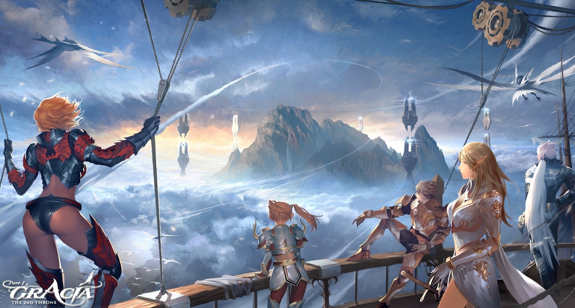 lineage 2 personnages navire dans le ciel vol oiseaux montagnes roches