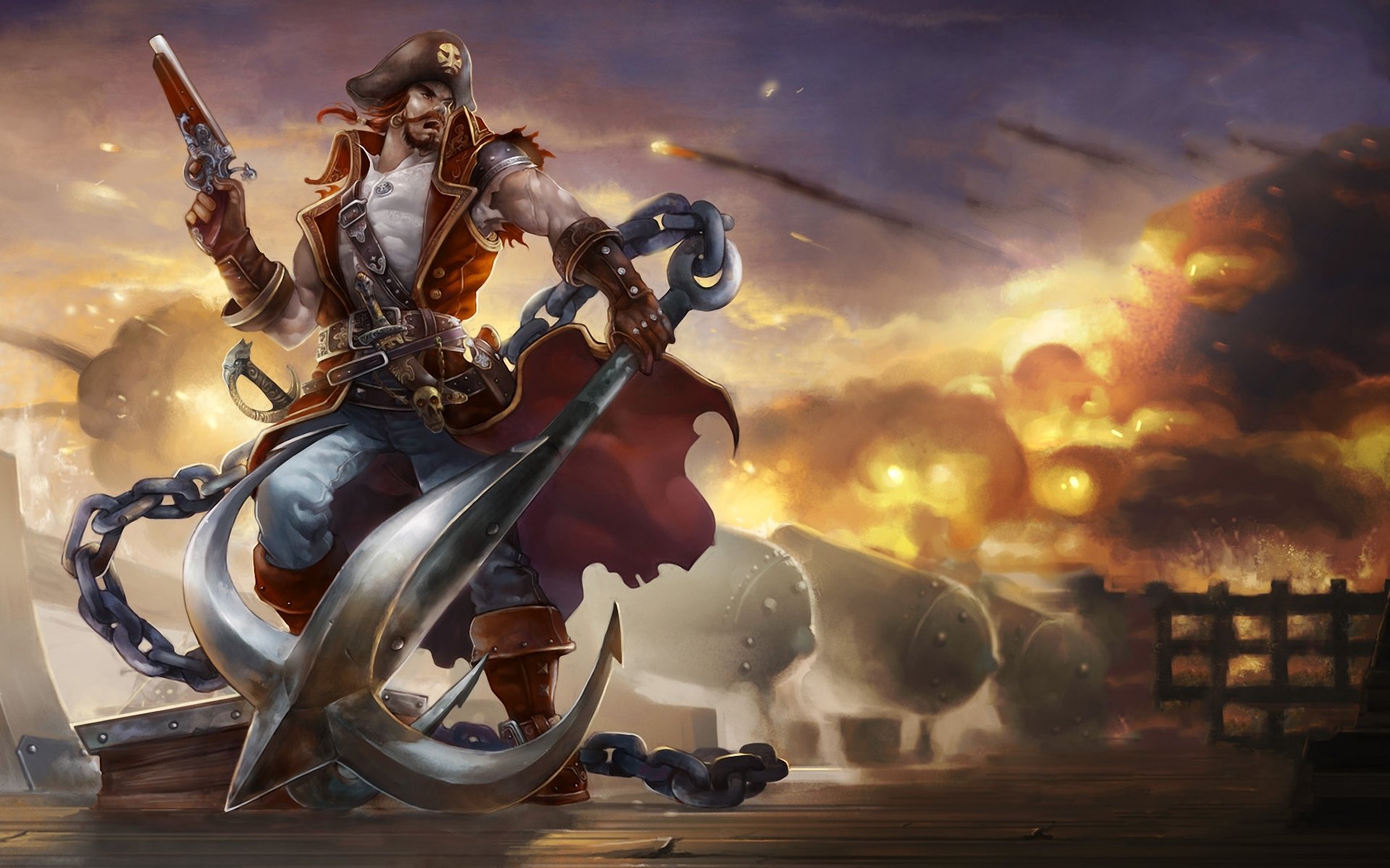 league of legends gangway männlich pirat anker waffe schiff deck kanone feuer rauch pistole kette