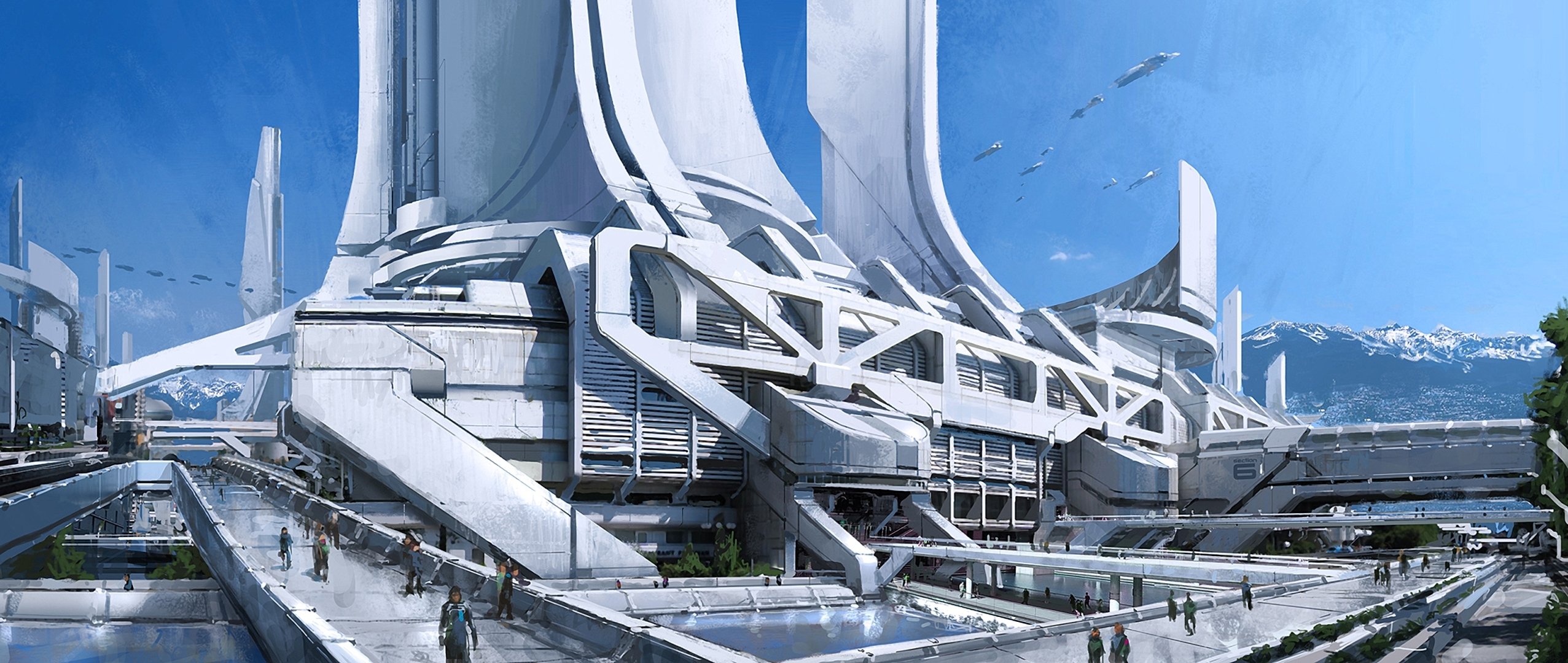 mass effect 3 concept art città thessia montagne torri trasporti