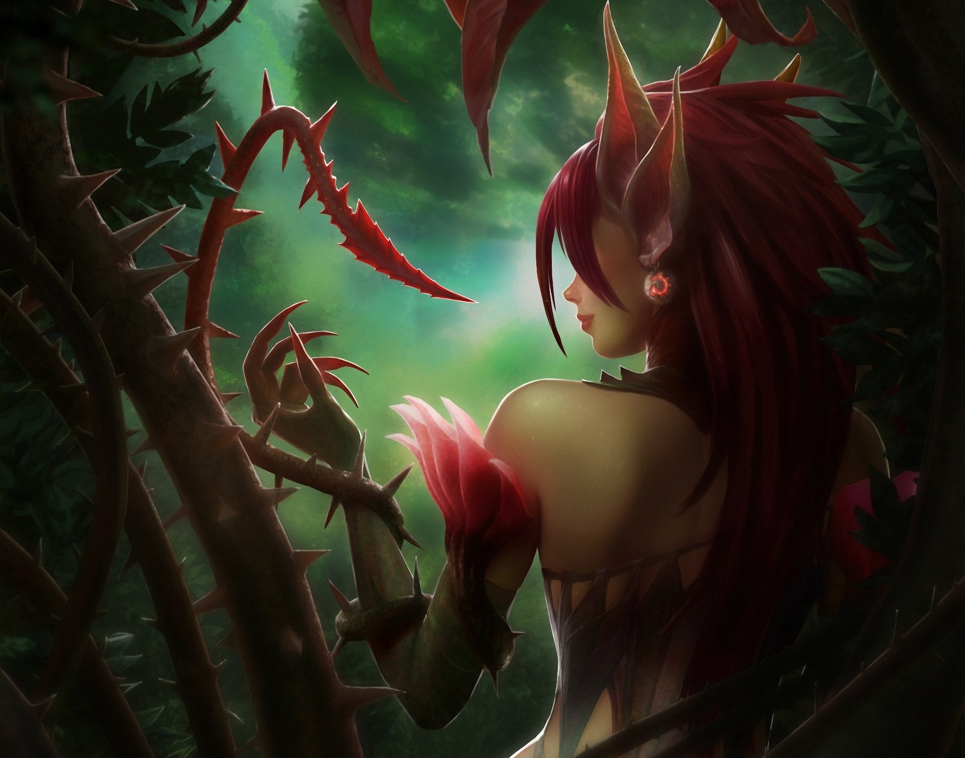 league of legends zyra dziewczyna rośliny kolce uszy plecy pnącza las pazury