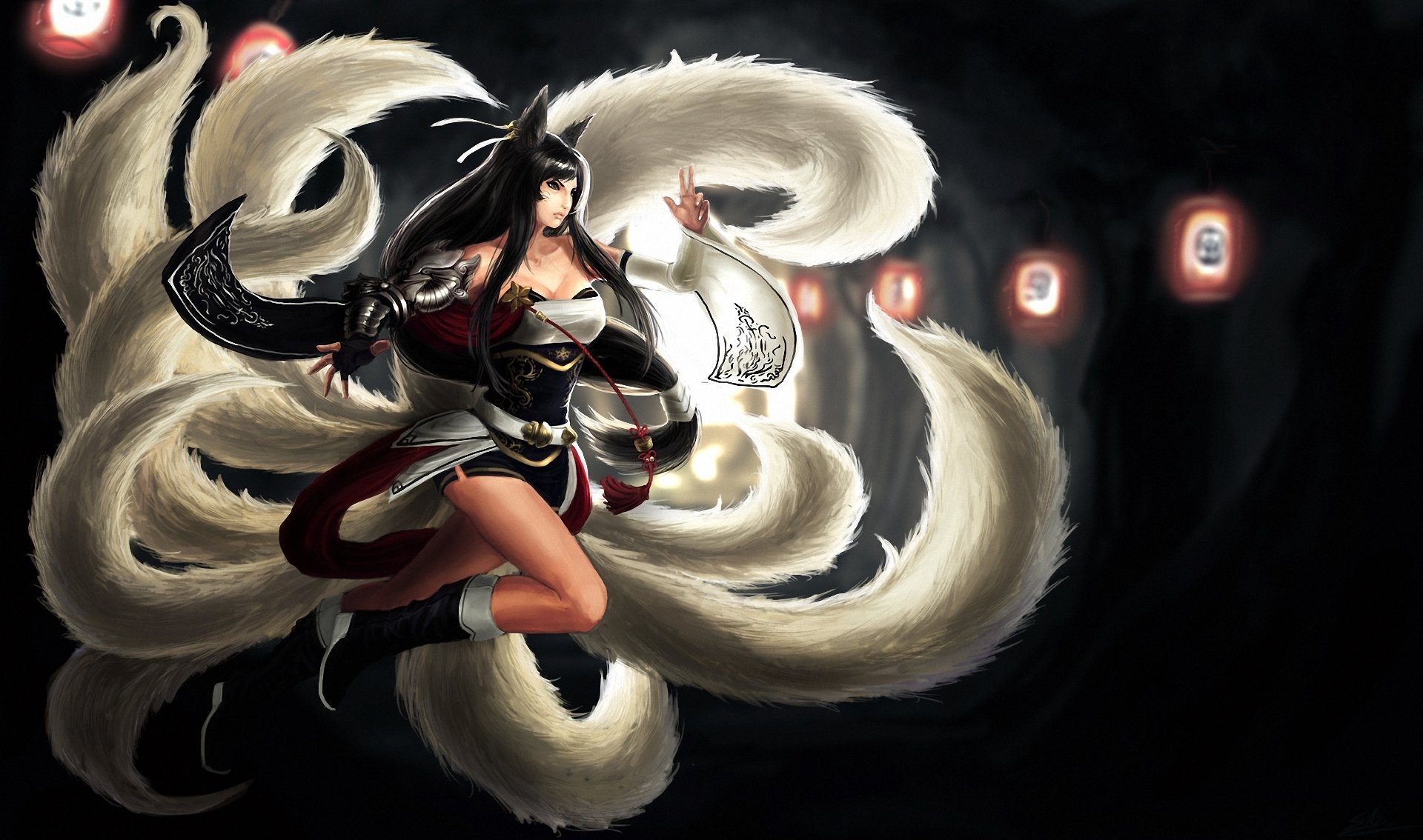 league of legends art ahri dziewczyna latarnie ogony uszy