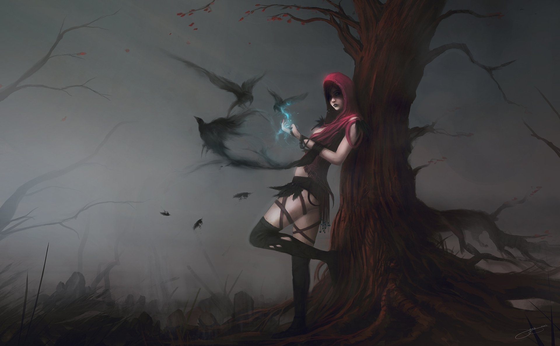 kunst blinck morrigan dragon age mädchen magie vögel krähen haube nebel baum