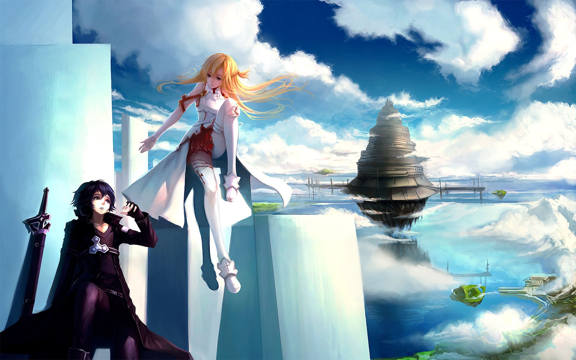 art blackrabbitsoul sword art online yuuki asuna kirito guy girl clouds town the plate weapon tower in the sky