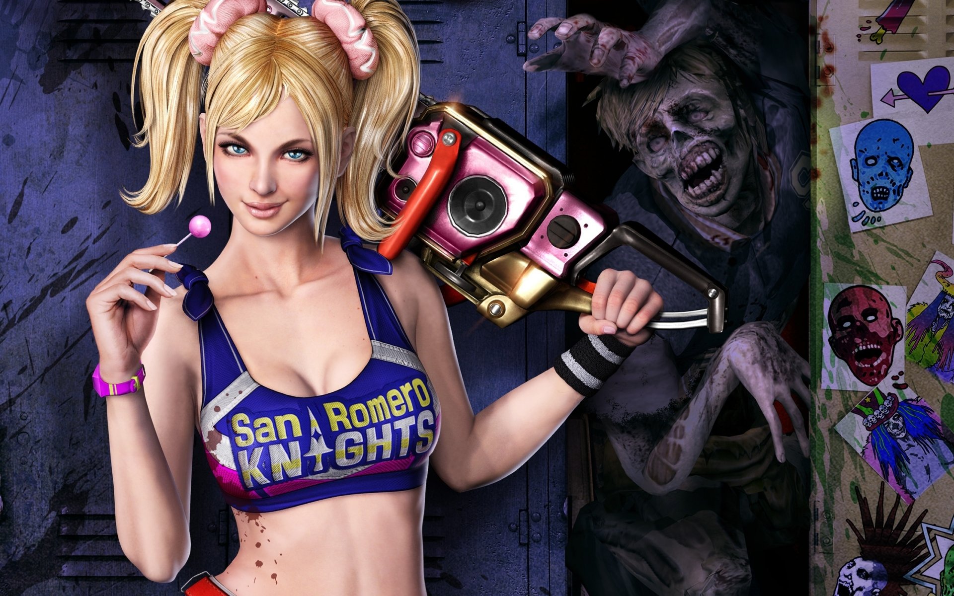 lollipop chainsaw dziewczyna zombie piła łańcuchowa szafka lizak krew rysunki