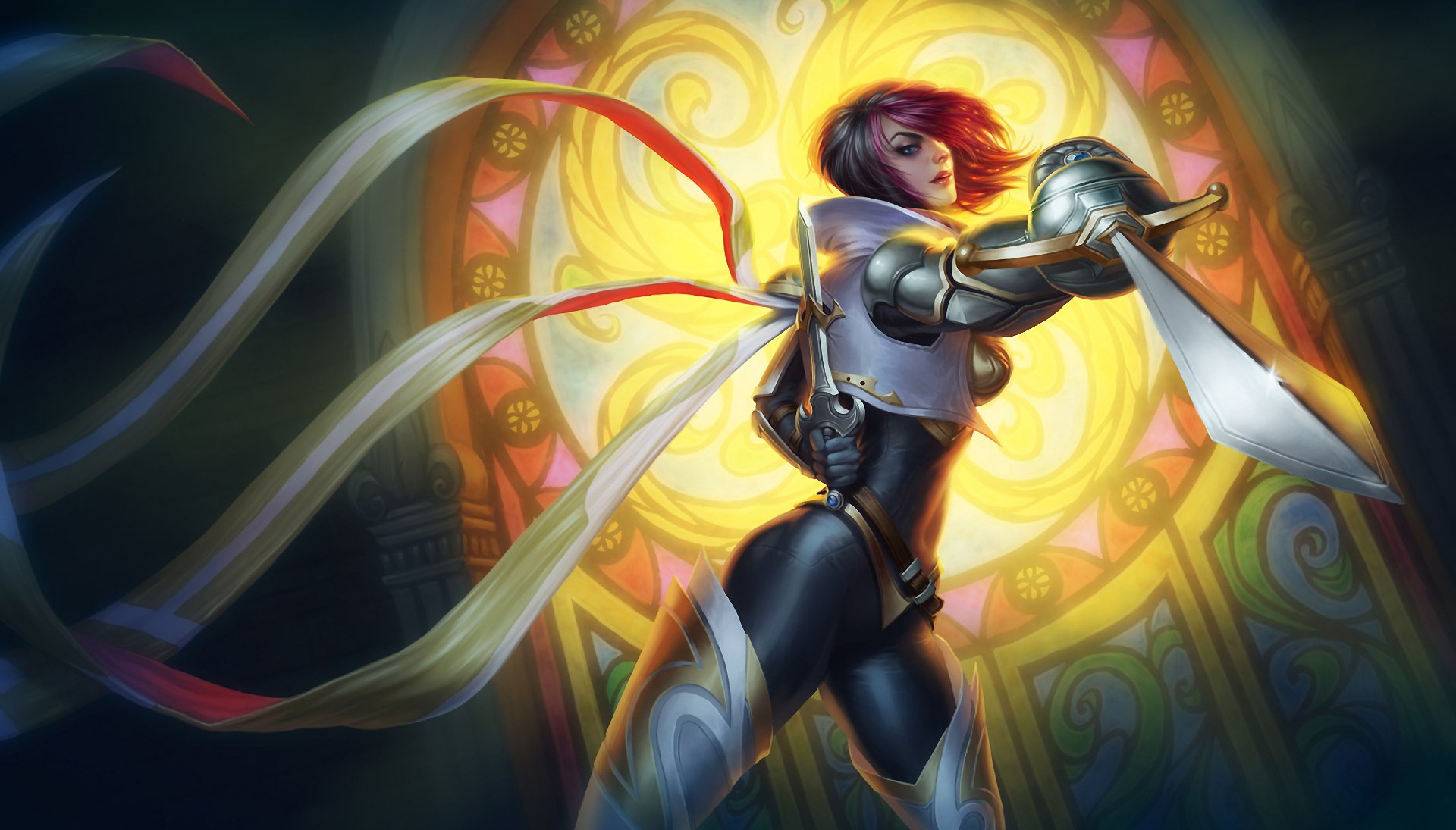 ligue des légendes lol fiora fille armure lames vitrail vue rubans fente