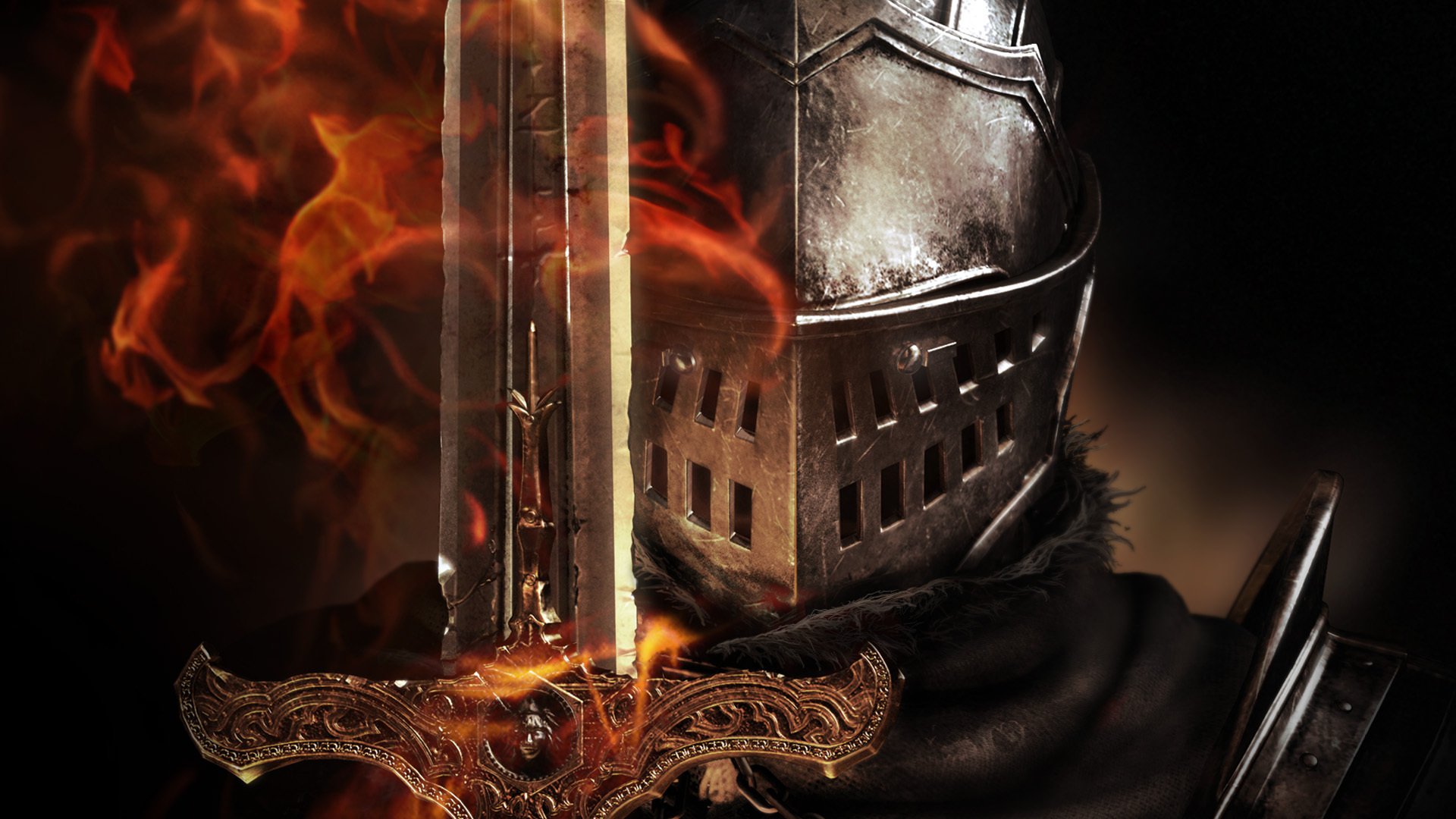 dark souls knight helmet sword flame armour