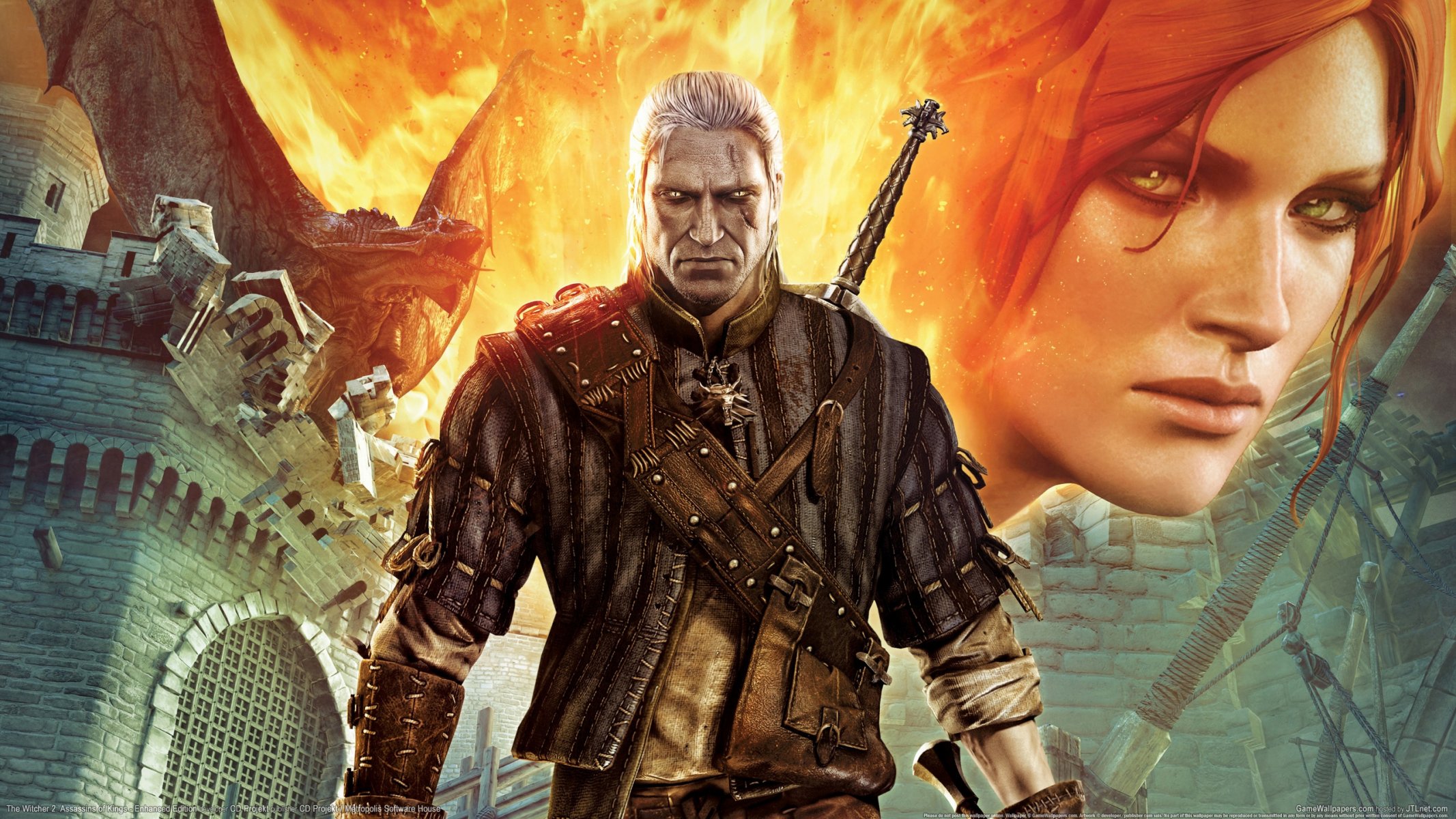 the witcher 2: assassins of kings enhanced edition xbox 360 the witcher 2 : assassins of kings the witcher geralt of rivia triss merigold dragon fire sword castle scar view medallion