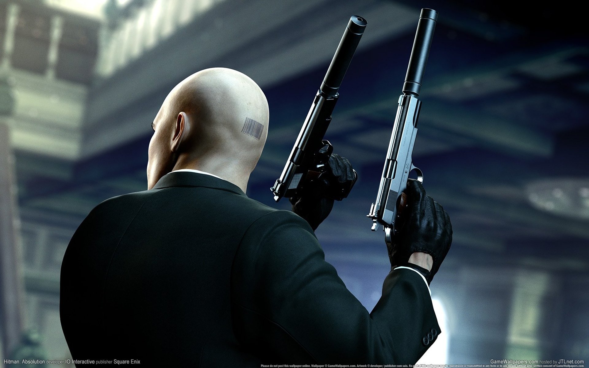 hitman: absolution asesino a sueldo agente 47 cuarenta y siete código de barras calvo guantes chaqueta nuca pistolas armas silverballer silenciadores