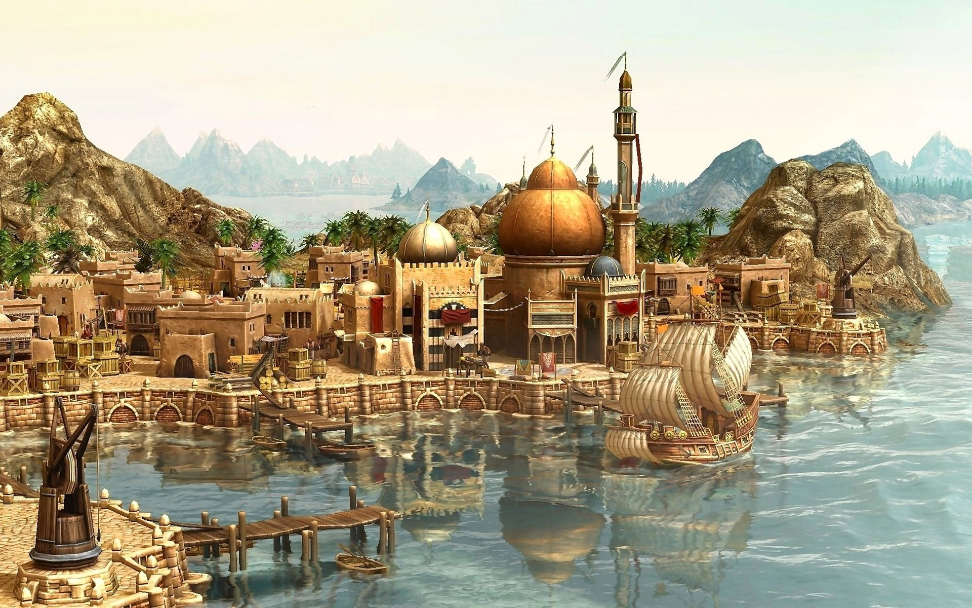 anno 1404 wallpaper games city ship arrival rendering port travel