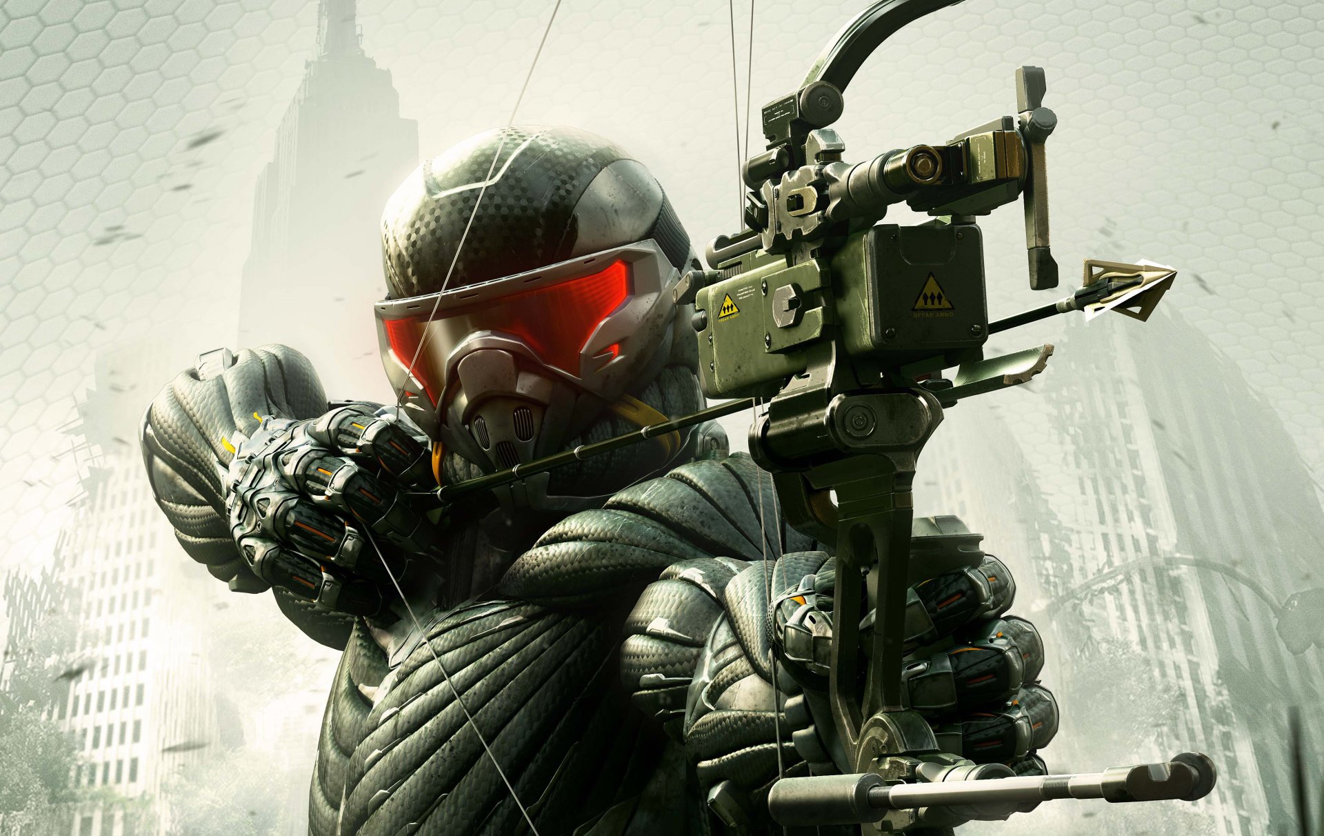 crysis 3 nanoanzug new york verwüstung soldat waffe bogen pfeil blä ttern bäume häuser crytek