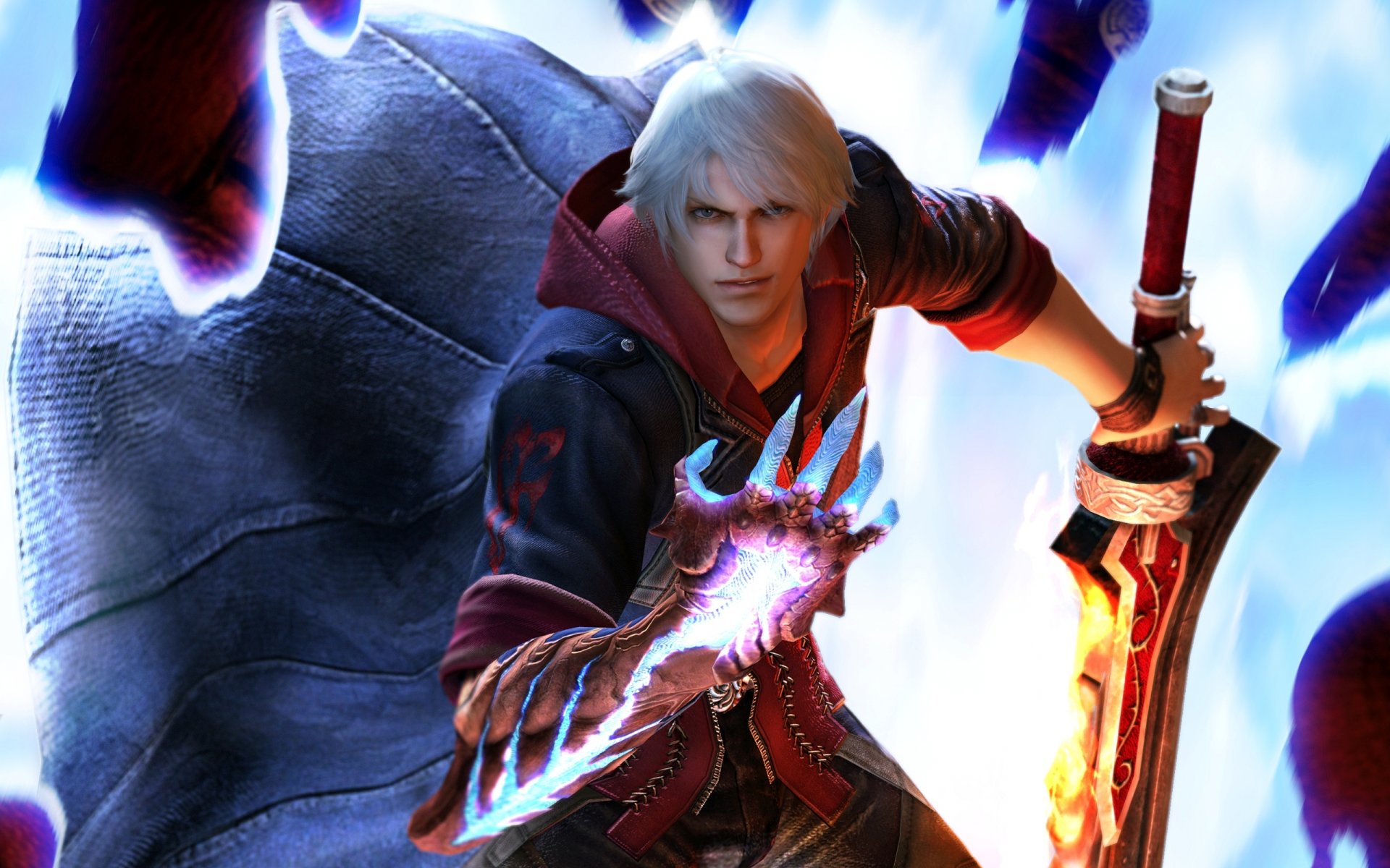 devil may cry 4 dmc tapeta z grą edycja specjalna nero miecz pistolet czerwona królowa diabeł przynoszący nero rewolwer ręka