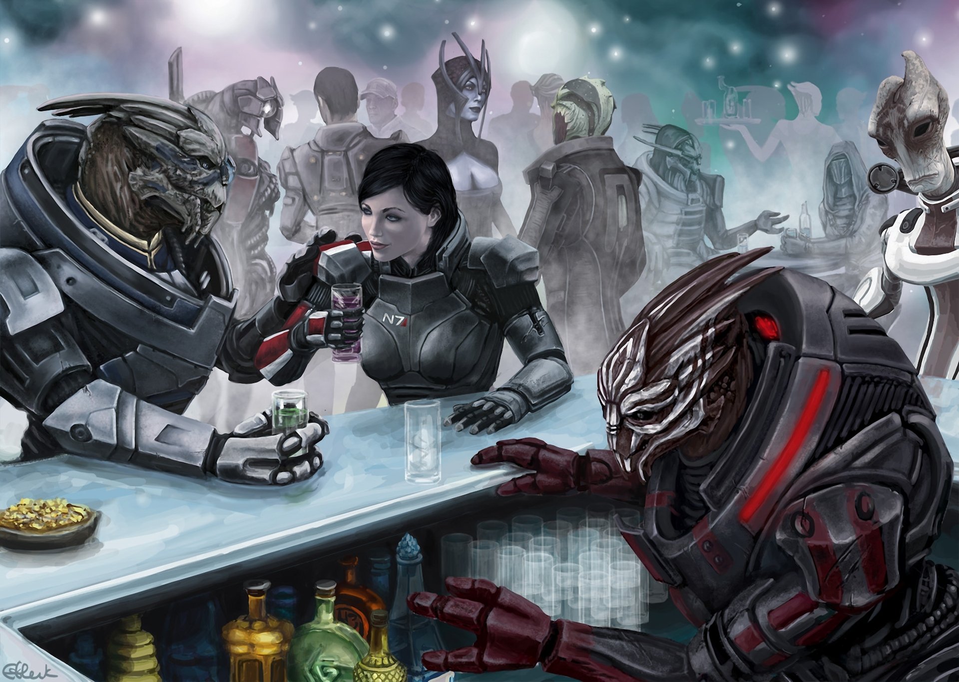 fanart me3 mass effect 3 garrus vakariana commander shepard captain woman bar booze turians salarians drell legion