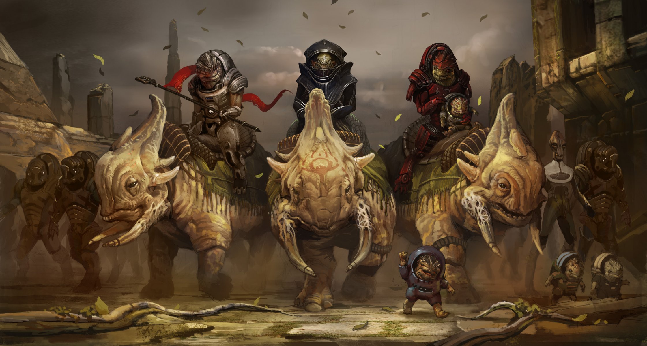 fanart me3 mass effect 3 tuchunka krogan krogan rex suelo vísperas montar a caballo animales futuro krogan procesión hojas ramas salarian