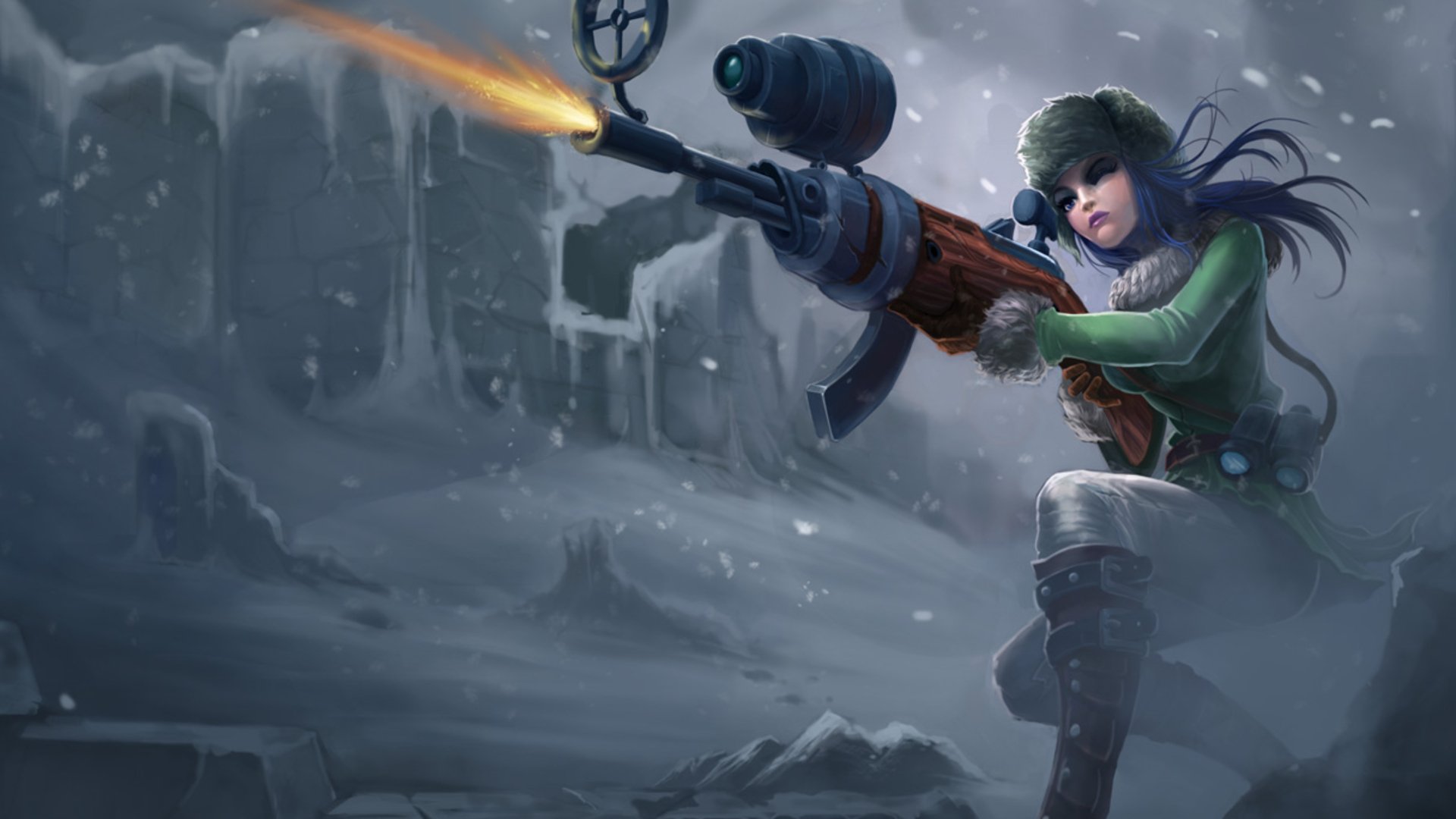 league of legends dziewczyna broń strzelanie śnieg zima oficer caitlin