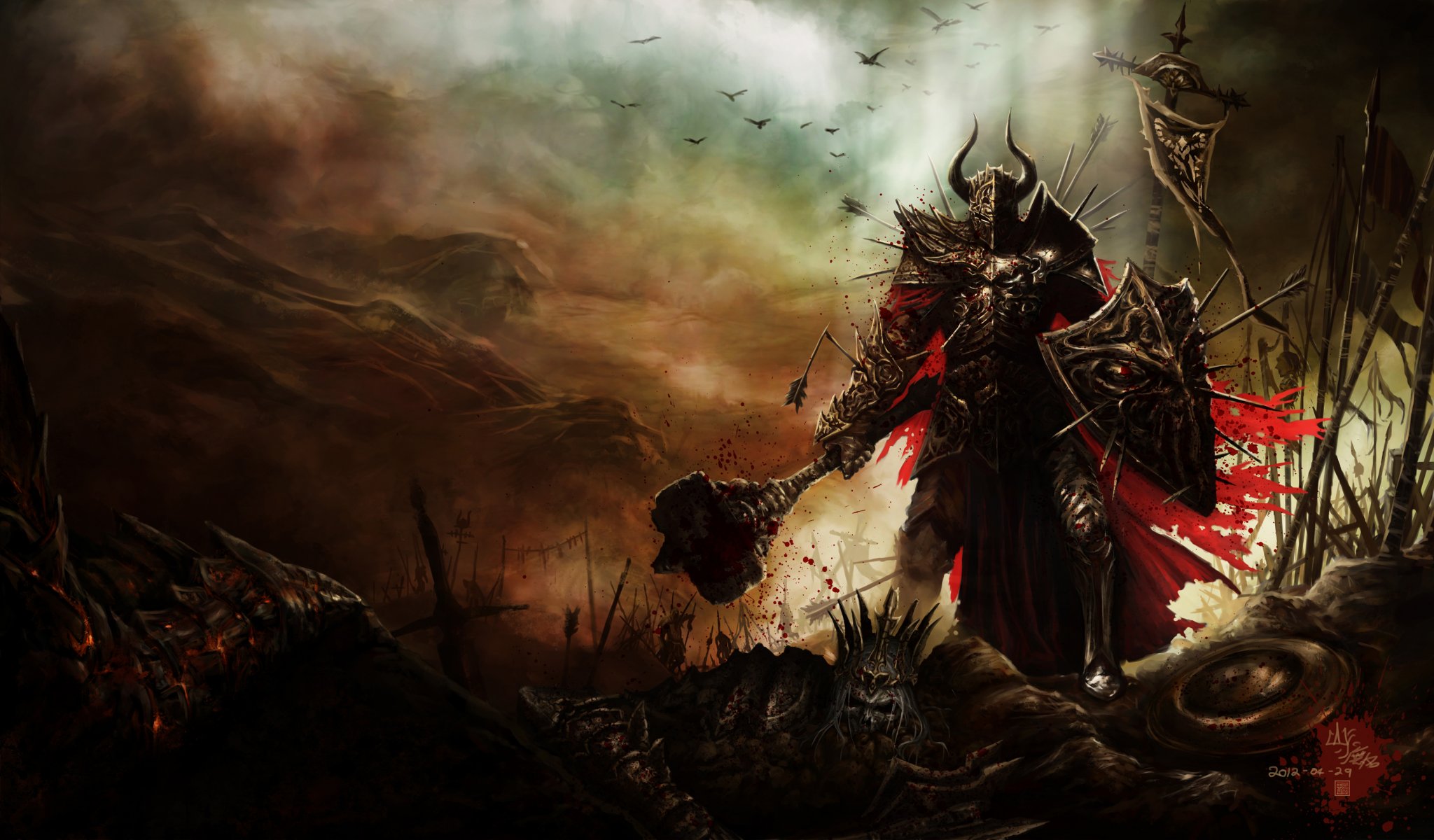 diablo 3 art barbare armure bouclier marteau lances crâne champ de bataille