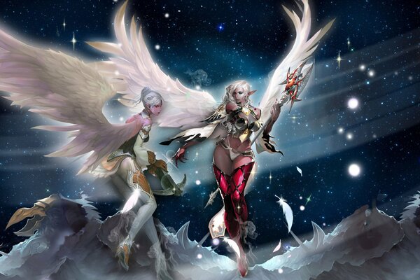 In the starry sky and at the height of the mountains, girls with wings