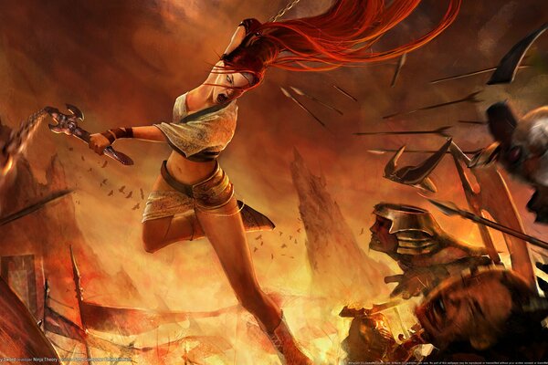 Red-haired girl in flight with a weapon, battle, fire