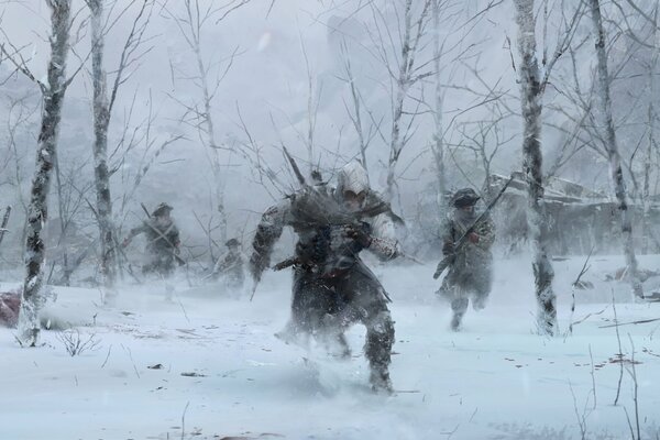 Paisaje de invierno soldados en el bosque batalla