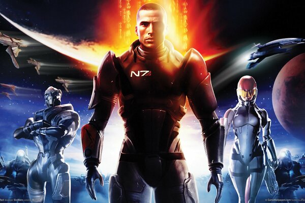 Soldado N7 de mass effect en medio de naves espaciales voladoras