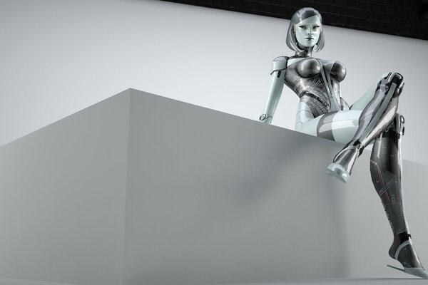 Mujer robot en una habitación blanca