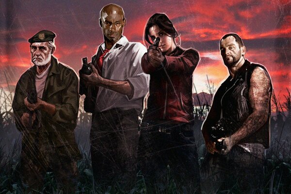 Personajes principales del juego left 4 dead de pie en el campo