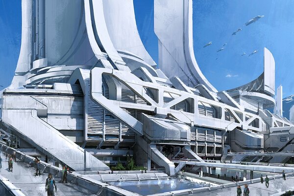 Mass effect 3, concept art, ville, thessia, montagnes, tours