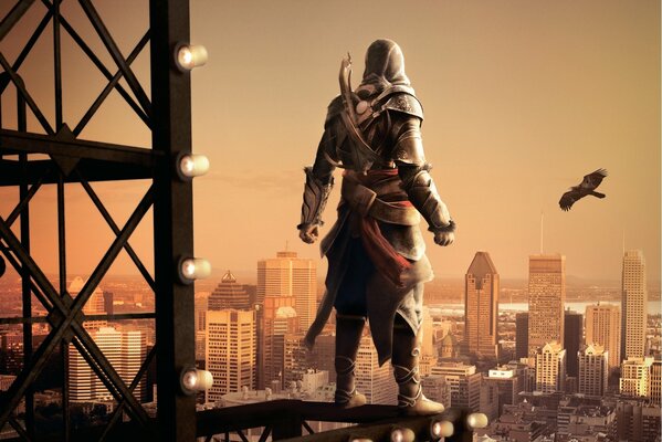 An assassin with an eagle on the background of the city