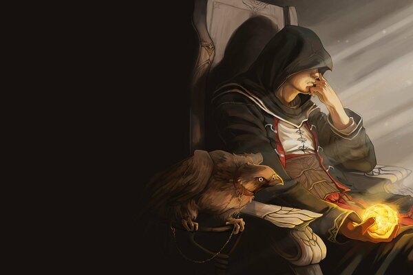 A hooded man sitting with a fireball in his hand and an eagle next to him