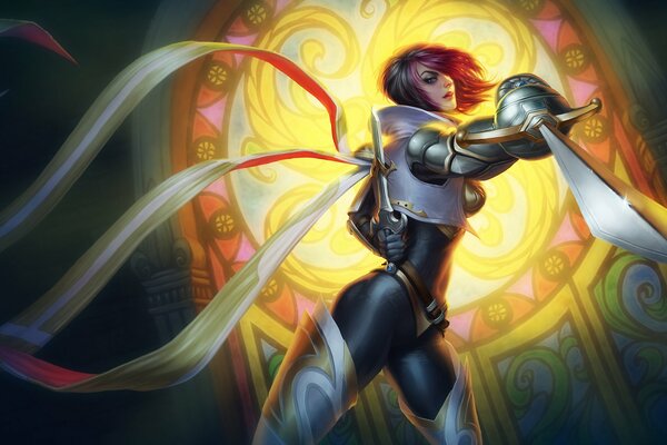 La chica fiora de League of Legends en el fondo de una vidriera en una armadura de acero