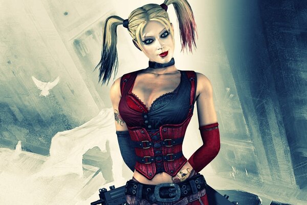 The character Harley Quinn from Batman with pigtails