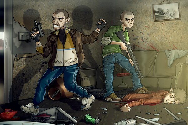 Cartoon race sur GTA 4 où Nico et Patrick avec des armes sont dans la chambre