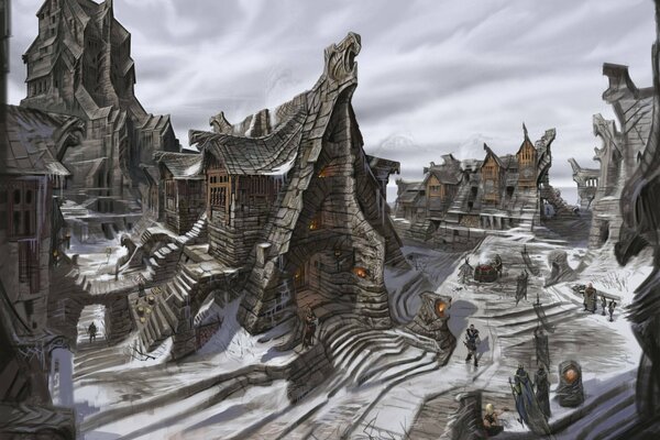 Ein Bild der Stadt Windhelm aus einem Computerspiel