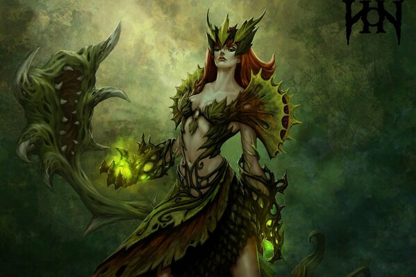 League of legends, zyra, girl, plants, weapons, magic, fangs