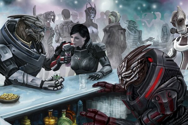 Comandante Shepard, Vacariana y Garrus con vipivka