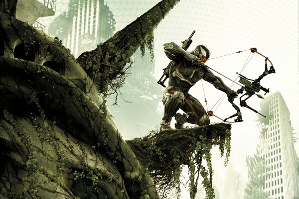 Crysis 3 shooter from crytek soldier in a nanosuit on the background of a destroyed city