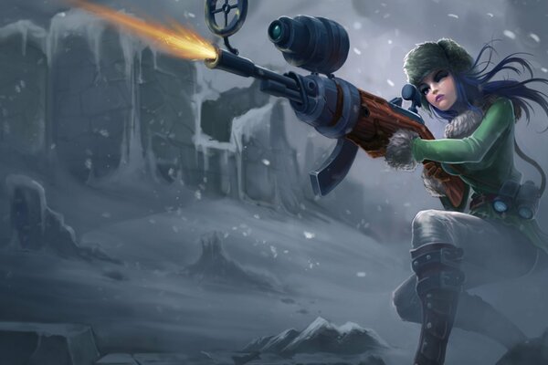 Une fille de League of Legends avec une arme tire sur Winter Canyon