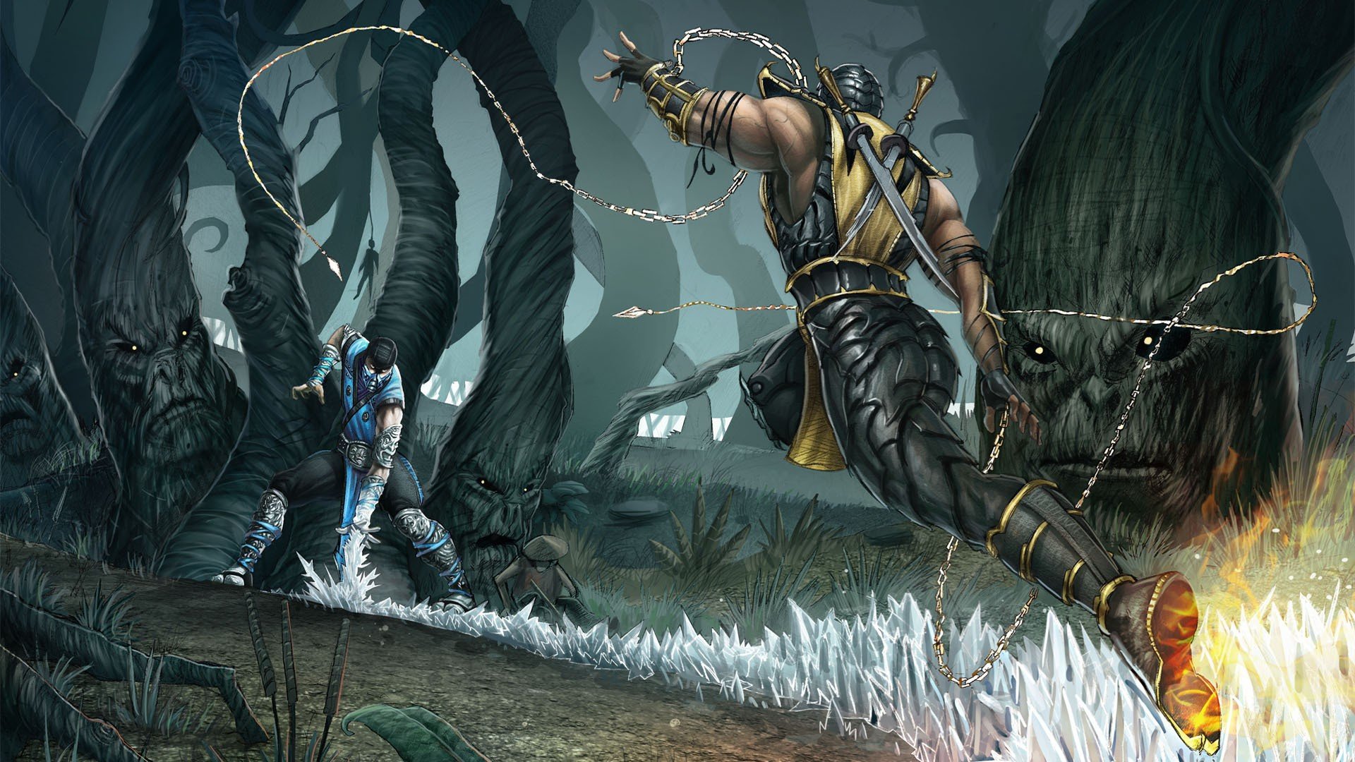 mortal kombat sub zero skorpion wald kampf